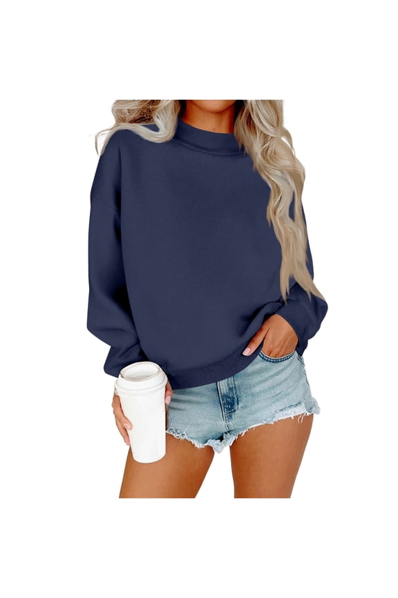 Mock Neck Sweatshirt Women Cute Plain Pullover Sweatshirts Casual Fall Long Sleeve Trendy Tops Navy L