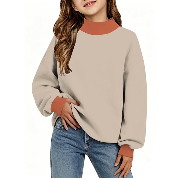 Resicozy Mock Neck Sweatshirt for Girls Turtleneck Sweater Long Sleeve Pullover Tops Casual Fashion Solid Color Sweatshirts 2-13 Years Beige 120
