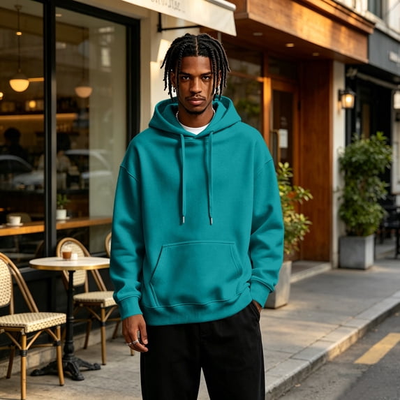 Resicozy Oversized Hoodies for Men Fall Sweatshirt Winter Hooded Collar Drawstring Pullover With Pockets Turquoise XL