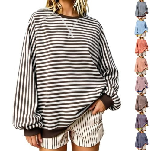 Resicozy Oversized Sweatshirt for Women Fall Striped Long Sleeve Shirt Crewneck Sweatshirts Y2K Workout Tops Brown M