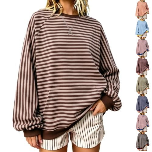 Resicozy Oversized Sweatshirt for Women Fall Striped Long Sleeve Shirt Crewneck Sweatshirts Y2K Workout Tops Coffee S