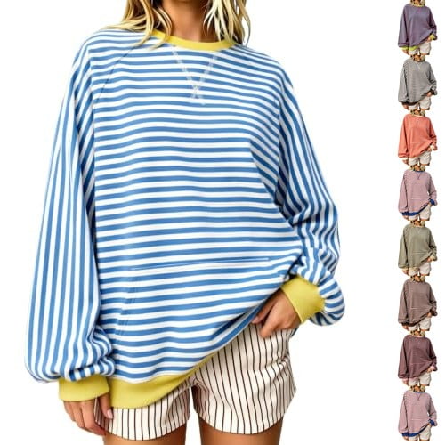 Resicozy Oversized Sweatshirt for Women Fall Striped Long Sleeve Shirt Crewneck Sweatshirts Y2K Workout Tops Sky Blue M