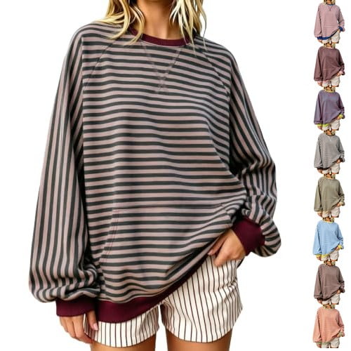 Resicozy Oversized Sweatshirt for Women Fall Striped Long Sleeve Shirt Crewneck Sweatshirts Y2K Workout Tops Wine 2XL