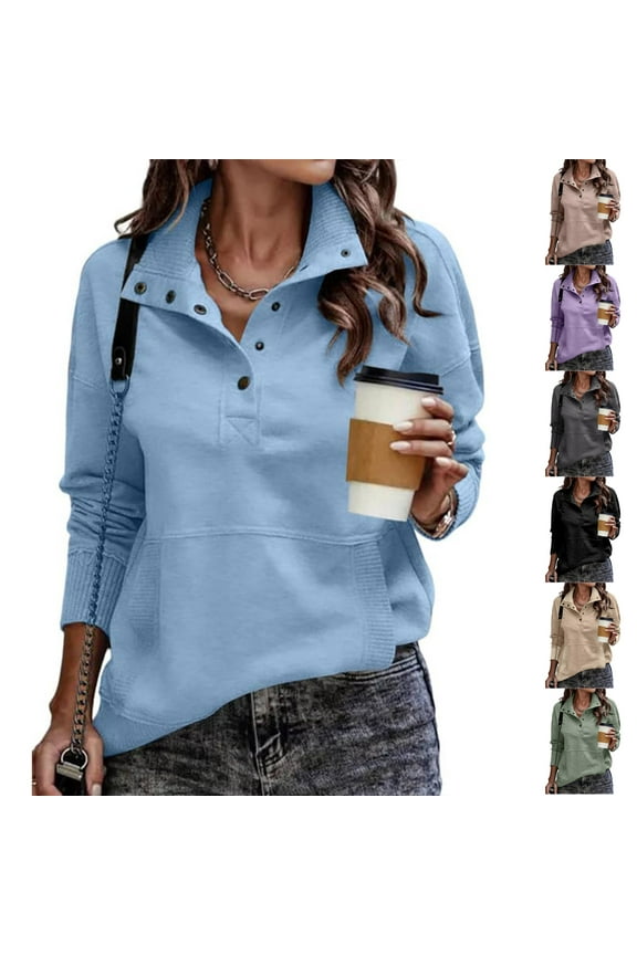 Oversized Sweatshirt for Women Quarter Button Henley V Neck Pullover Fall Long Sleeve Casual Sweat Shirts with Pocket Dark Gray L