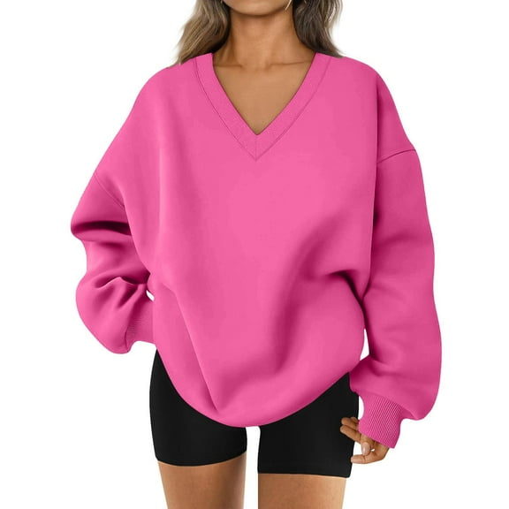 Resicozy Oversized Sweatshirt for Women V Neck Long Sleeve Pullover Dressy Casual Cute Sweatshirts 2025 Fall Clothes Hot Pink XL