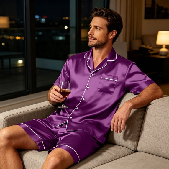 Resicozy Pajamas Set for Men Short Sleeve Button Down Shirts Shorts Pajamas Short Sleepwear Elegant Lounge Summer Pjs Sets Purple M