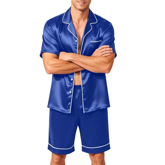 Resicozy Pajamas Set for Men Silk Satin Sleepwear Short Sleeve Button Down Pjs Set 2 Piece Loungewear with Pockets Blue 4XL