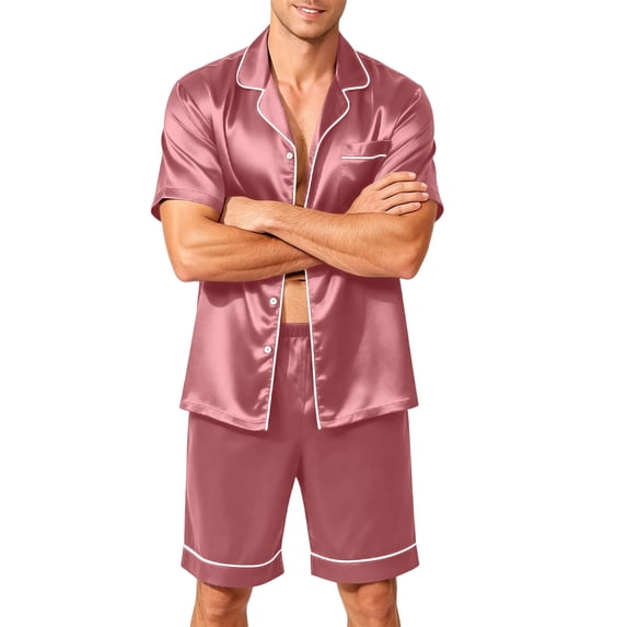 Resicozy Pajamas Set for Men Silk Satin Sleepwear Short Sleeve Button Down Pjs Set 2 Piece Loungewear with Pockets Purple Pink XL
