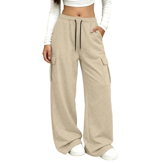 Resicozy Parachute Cargo Pants Women Lightweight Baggy Hiking Pants Y2k Drawstring Elastic Waist Pants with Pockets Beige S