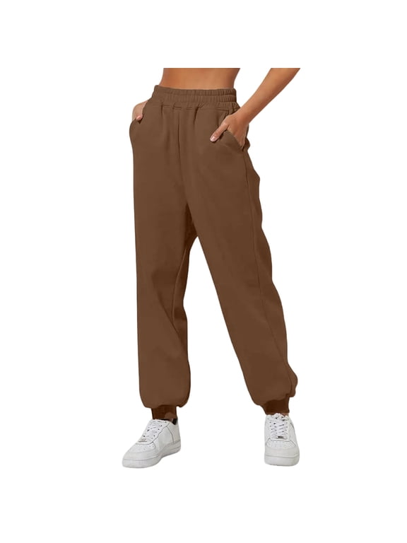 Petite Sweatpants for Women Trendy Elastic Waist Bottom Lounge Pant Lightweight Baggy Joggers with Pockets Brown S