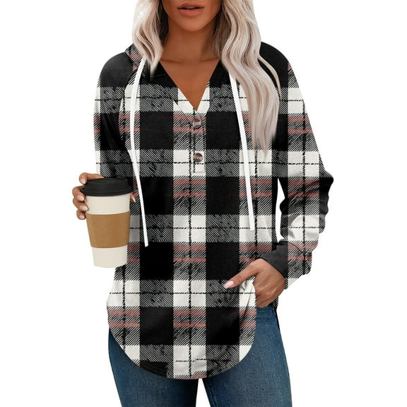 Resicozy Plaid Hoodies for Women Button V Neck Oversized Hooded Pullover Sweatshirts Casual Loose Long Sleeve Shirts White XL