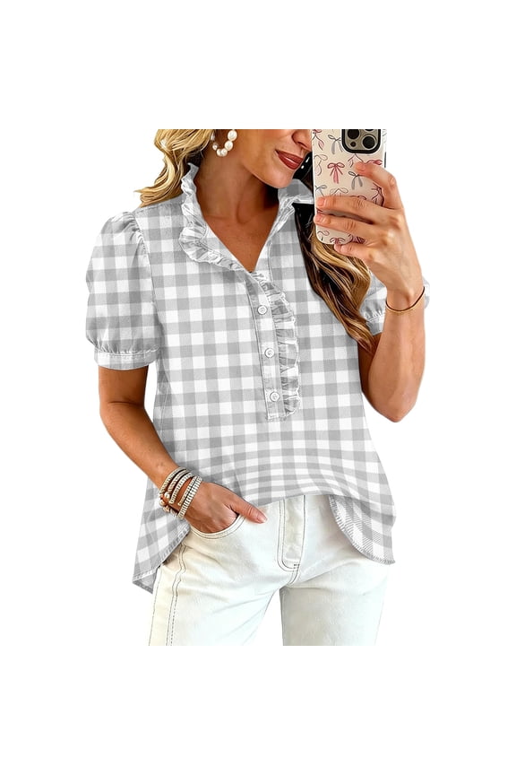 Plaid Puff Sleeve Tops for Women Summer Collared Button Down Ruffle Shirt Business Casual Work Blouse Short Sleeve Tops Gray S