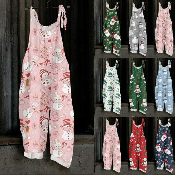 Resicozy Plus Size Christmas Linen Overalls for Woman 2025 Fashion Casual Print Jumpsuits Rompers Dressy Pajamas Pink M