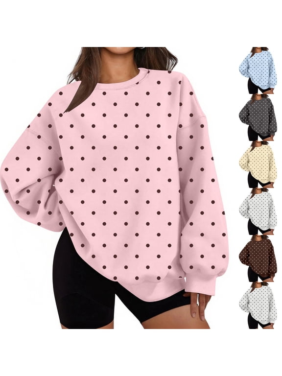 Polka Dot Sweatshirt for Women Oversized Graphic Crewneck Long Sleeve Pullover Y2K Casual Sweatshirts Pink L