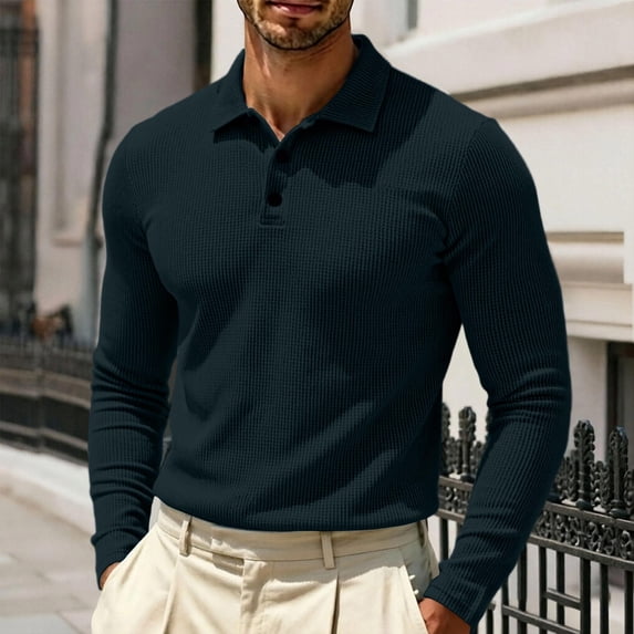 Resicozy Polo Shirts Men Comfortable Long Sleeve Polo Shirt Breathable Casual Polo Shirts Navy 2XL
