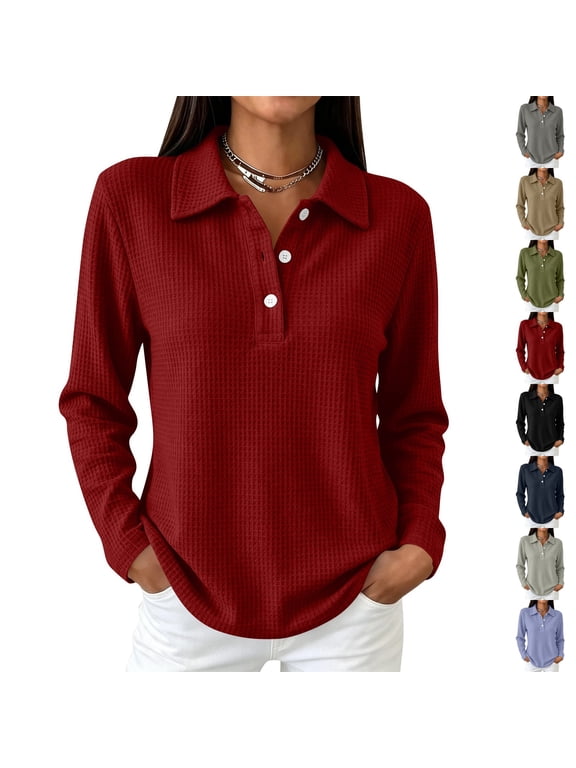 Polo Shirts for Women Collared Waffle Knit Blouse Half Button Long Sleeve Solid Casual Henley Pullover Tops Wine L