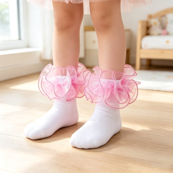 Resicozy Ruffle Socks for Girls Breathable Cotton Lace Frilly Dress Sock Fashion Solid Color Stockings for Daily Wear Pink S