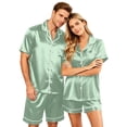 thumbnail image 1 of Resicozy Satin Matching Pajamas Sets Couple Silk Button Nightwear Women & Men Short Sleeve Sleepwear 2 Pieces Loungewear Mint Green 3XL, 1 of 8