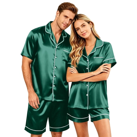 Resicozy Satin Matching Pajamas for Couple Sets Silk Button Down Nightwear Women & Men Short Sleeve Sleepwear 2 Pieces Loungewear Dark Green XL