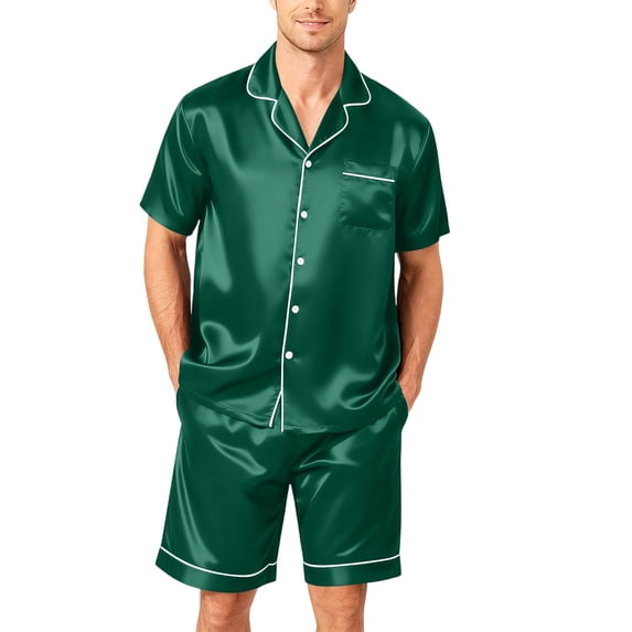 Resicozy Satin Silk Pajamas Sets for Men Short Sleeve Sleepwear Button-Down PJs Sets 2 Pieces Loungewear with Pockets Dark Green 3XL