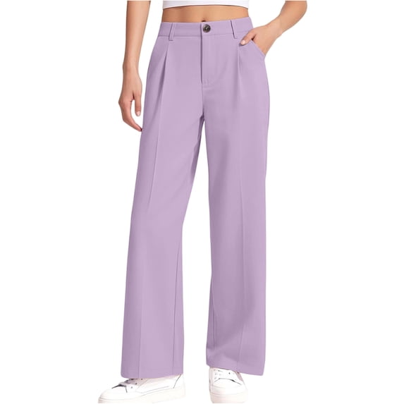 Resicozy School Uniform Pants for Girls Wide Leg High Waist Dress Trousers with Pockets, Back To School Clothing Button Trousers 5-14 Years Light Purple 110