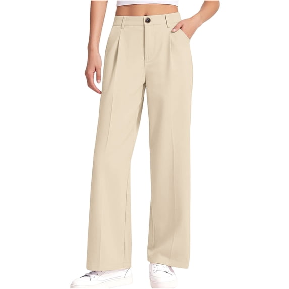 Resicozy School Uniform Pants for Girls Wide Leg High Waist Dress Trousers with Pockets, Back To School Clothing Button Trousers 5-14 Years Beige 150