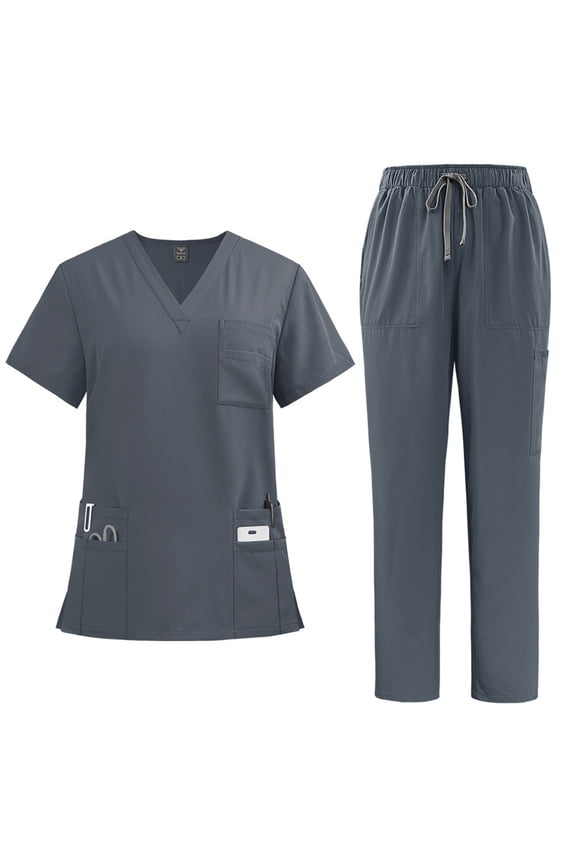 Scrub Suit Set for Women Short Sleeve V Neck Top Wide Leg Jogger Pants with Drawstring Nursing Uniforms Set Dark Gray S