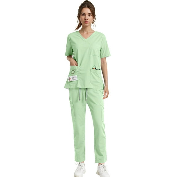 Resicozy Scrub Suit Set for Women Short Sleeve V-Neck Top Wide Leg Jogger Pants with Drawstring Nursing Uniforms Set Mint Green M