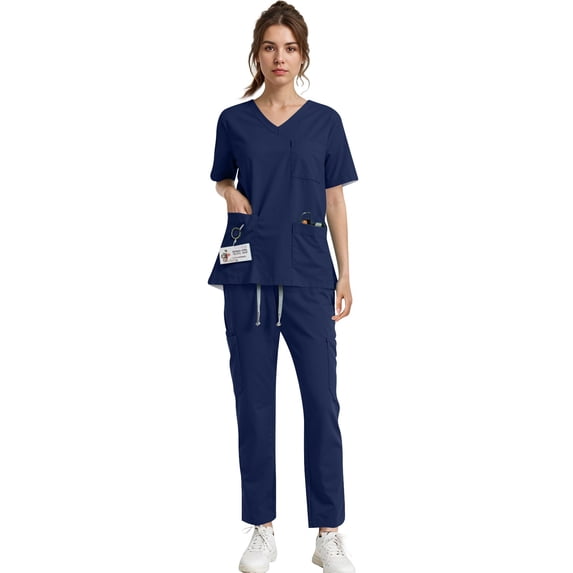 Resicozy Scrub Suit Set for Women Short Sleeve V-Neck Top Wide Leg Jogger Pants with Drawstring Nursing Uniforms Set Navy M