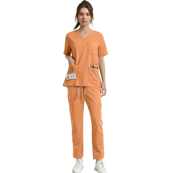Resicozy Scrub Suit Set for Women Short Sleeve V-Neck Top Wide Leg Jogger Pants with Drawstring Nursing Uniforms Set Orange 2XL