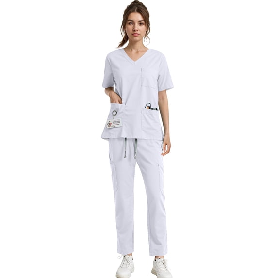 Resicozy Scrub Suit Set for Women Short Sleeve V-Neck Top Wide Leg Jogger Pants with Drawstring Nursing Uniforms Set White 1 2XL
