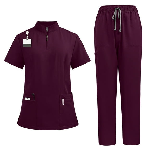 Resicozy Scrubs for Women Set Short Sleeves Crew Neck Top and Cargo Pant Solid Color Scrub Set Drawstring Jogger Pants with Pocket Wine M