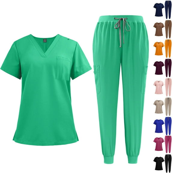 Resicozy Scrubs for Women Set Stretch V Neck Short Sleeve Scrub Tops Jogger Pant Nursing Uniforms Scrubs Sets Casual Outfits Khaki M