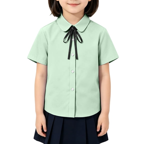 Resicozy Shirts for Girls 2026 Short Sleeve Button Down Collared Uniform Shirts Dress Shirt Cute Blouse 2-12 Years Cyan 140