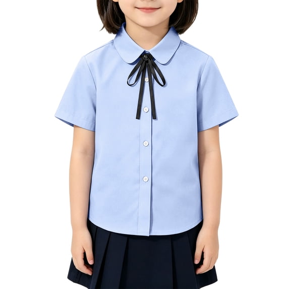 Resicozy Shirts for Girls 2026 Short Sleeve Button Down Collared Uniform Shirts Dress Shirt Cute Blouse 2-12 Years Sky Blue 120