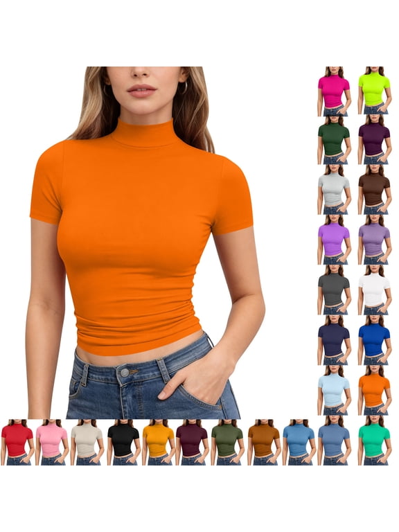 Shirts for Women Fashion Mock Turtle Neck Sleeve Shirts Slim Fit Solid Color Tops 2026 Summer Orange S