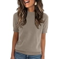 thumbnail image 1 of Resicozy Short Sleeve Sweater for Women Spring Tops Round Neck Lightweight Pullover Loose Dressy Casual Blouse Solid Clothes Camel 2XL, 1 of 4