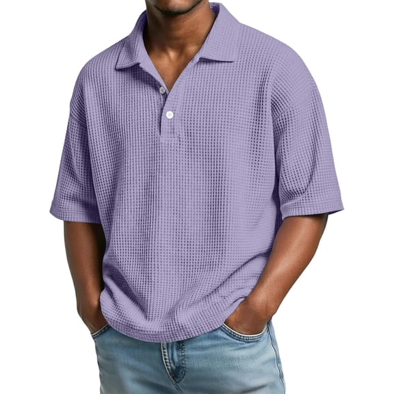 Resicozy Short Sleeve Waffle Shirts for Men Trendy Henley Pullover Casual Slim Fit Stand Collar Solid Color Polo Shirt Tops Purple L