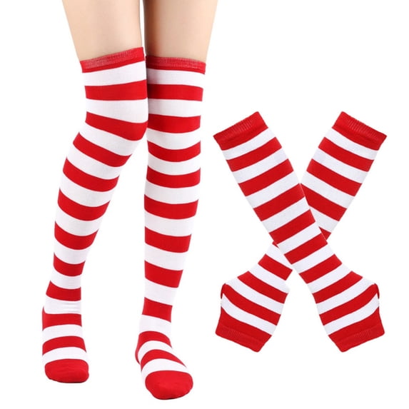 Resicozy Striped Arm Leg Warmers Set Fingerless Gloves Over Knee High with Arm Sleeves, Soft Stretchy Knit, Comfortable Wear Red