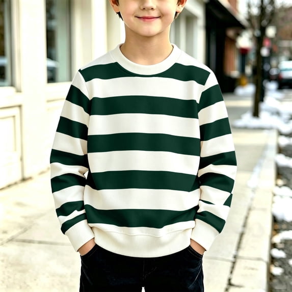Resicozy Striped Crew Neck Sweatshirt for Kids Oversized Fleece Pullover Boys Girls Long Sleeve Warm Shirts Casual Lightweight Clothes 3-13 Years Dark Green 120