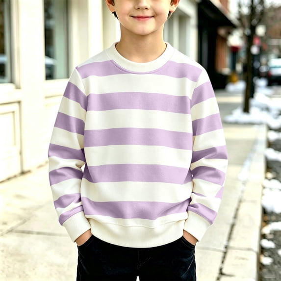 Resicozy Striped Crew Neck Sweatshirt for Kids Oversized Fleece Pullover Boys Girls Long Sleeve Warm Shirts Casual Lightweight Clothes 3-13 Years Light Purple 120