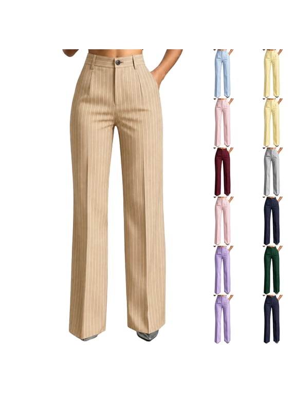 Striped Pants for Women Straight Leg High Waisted Business Work Casual Slacks Dressy Palazzo Trouser with Pockets Khaki 2XL