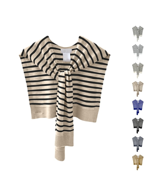 Striped Sweater Shawl Wraps for Women Knit Knotted Over the Shoulder Sweater Cape Casual Travel Scarf Tops Wrap Sleeves Coffee