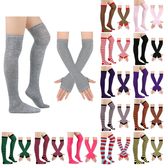 Resicozy Striped Thigh High Socks and Fingerless Gloves Set for Women Over the Knee Extra Long Thigh Highs and Arm Warmers Set Gray