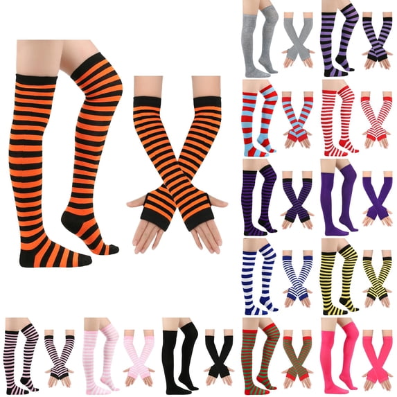 Resicozy Striped Thigh High Socks and Fingerless Gloves Set for Women Over the Knee Extra Long Thigh Highs and Arm Warmers Set Orange Black