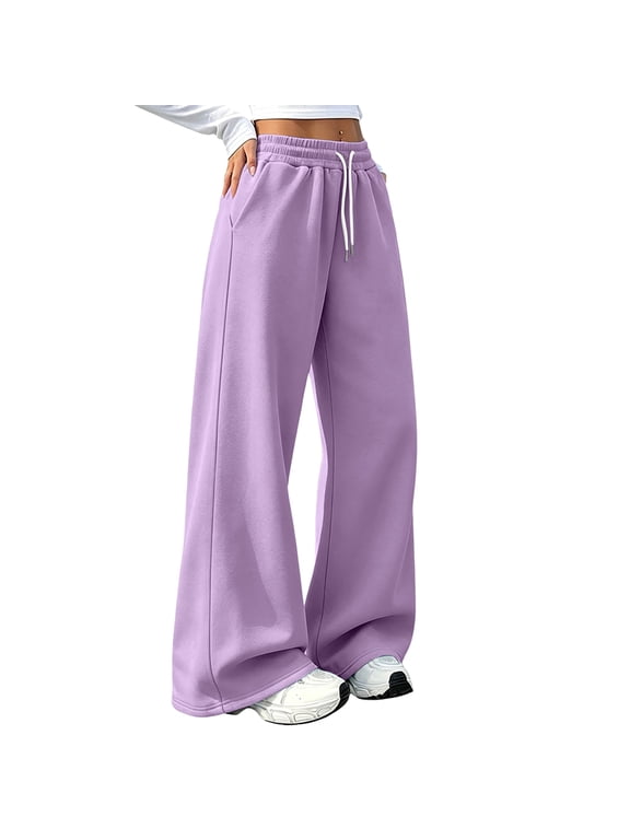 Sweatpants Women Wide Leg Baggy Sweat Pants Fleece Lined High Waist Lounge Pants Active Joggers Workout Gym Light Purple XL