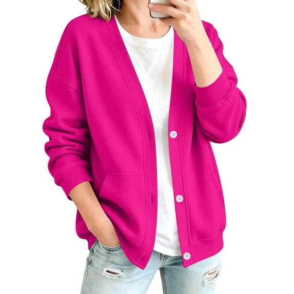 Resicozy Sweatshirt Cardigan Women Button Down Lightweight Jacket V-Neck Open Front Oversized Drop Shoulder Sweatshirts with Pockets Hot Pink S