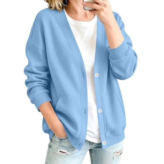 Resicozy Sweatshirt Cardigan Women Button Down Lightweight Jacket V-Neck Open Front Oversized Drop Shoulder Sweatshirts with Pockets Light Blue XL