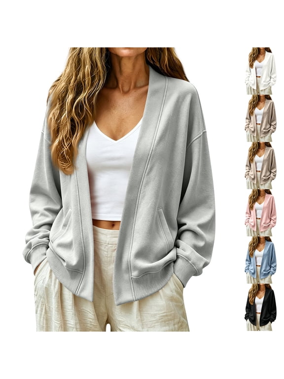 Sweatshirt Cardigan for Women Open Front Oversized Sweatshirt Lounge Collarless Fall Jackets with Pockets Cute Plain Sweaters Gray M