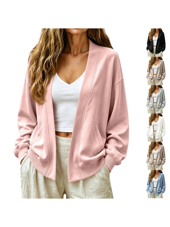 Sweatshirt Cardigan for Women Open Front Oversized Sweatshirt Lounge Collarless Fall Jackets with Pockets Cute Plain Sweaters Pink L